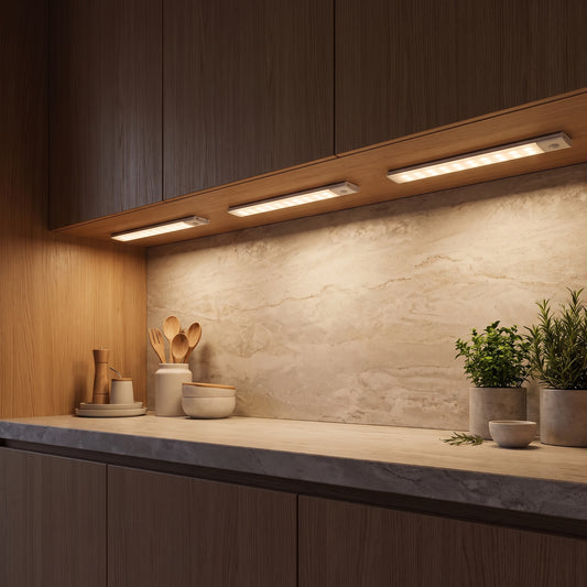 Premium kitchen lit by warm under-cabinet light bars in the evening