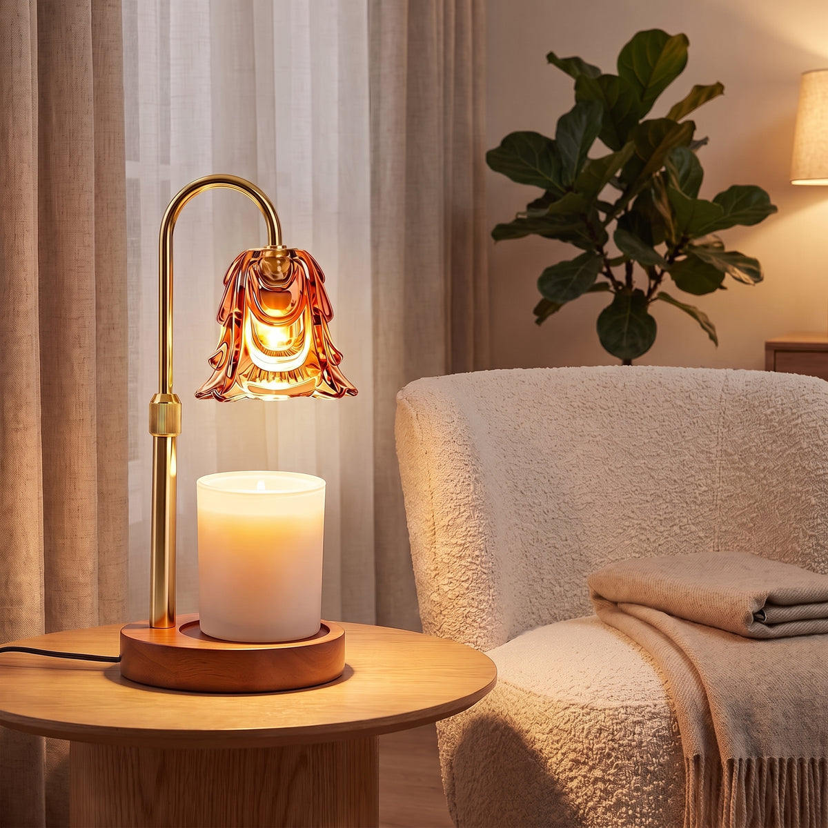 Candle warmer lamp glowing on a side table beside a boucle armchair