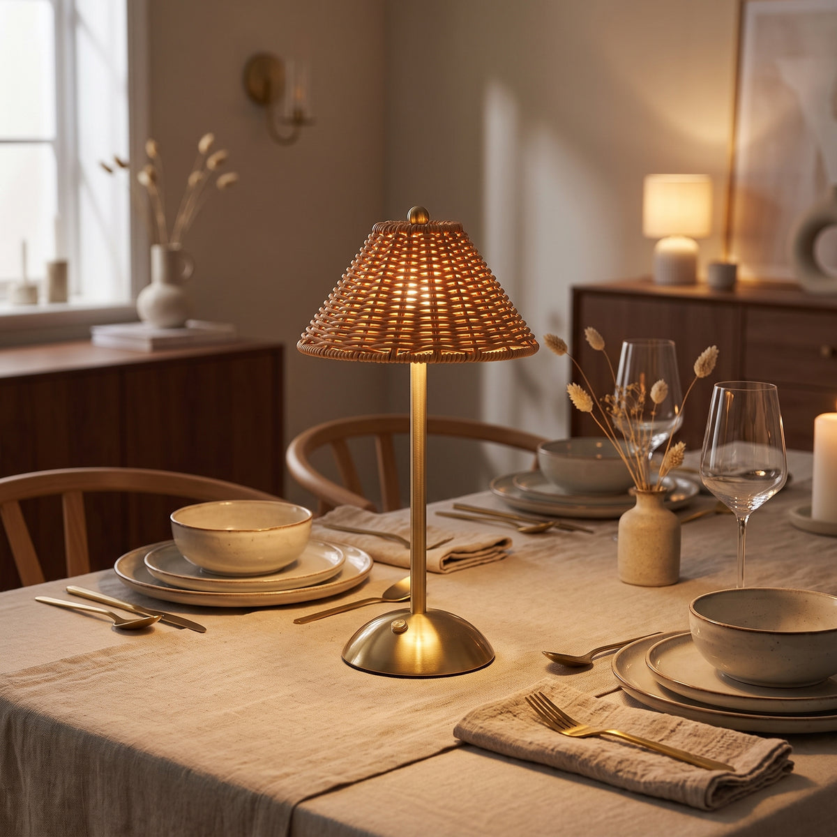 Rattan-look cordless lamp glowing on a set dining table in the evening