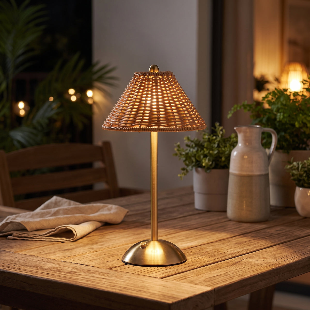 Warm light through the woven rattan-look shade on a wooden table at night
