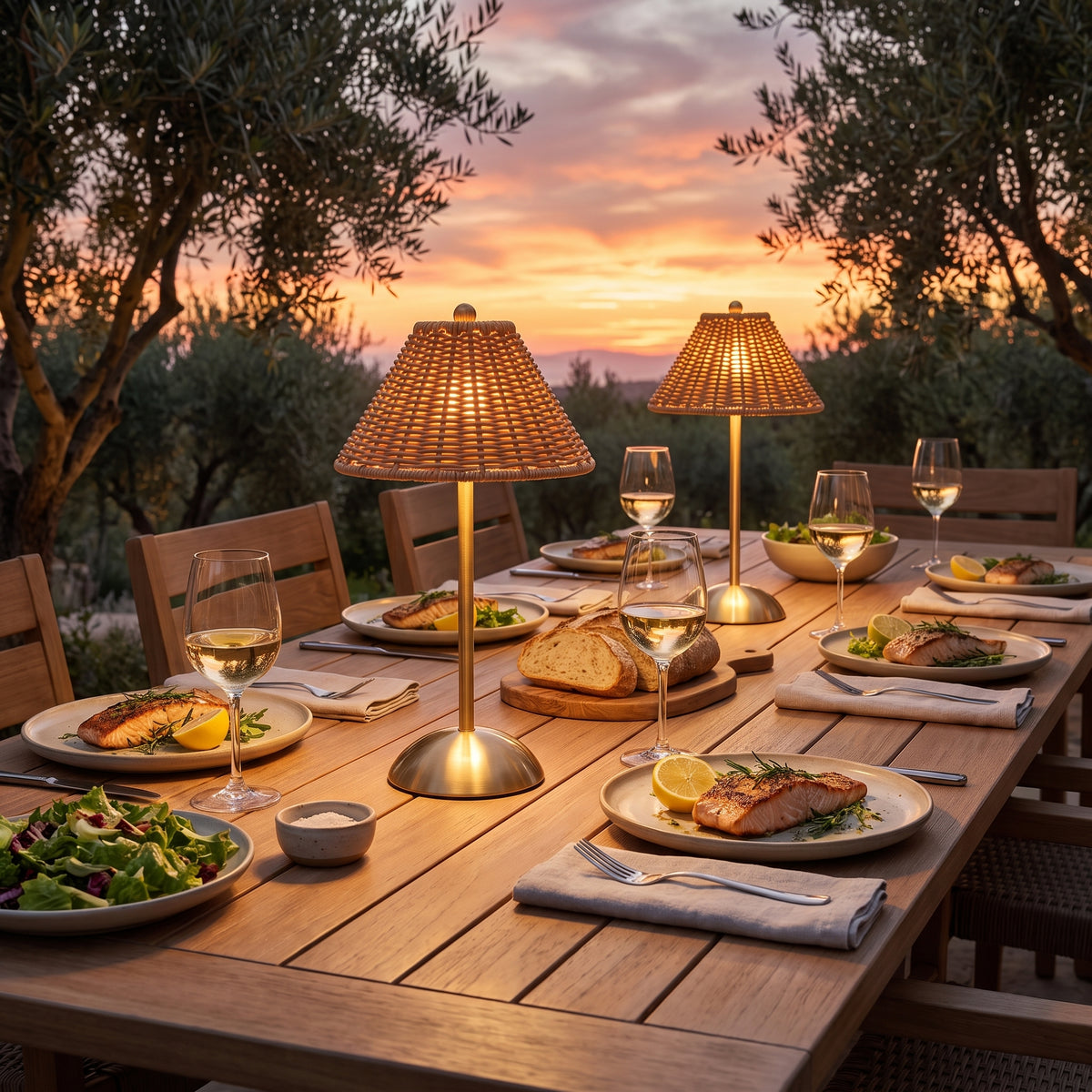 Two cordless rattan-look lamps lighting an outdoor dinner table at sunset