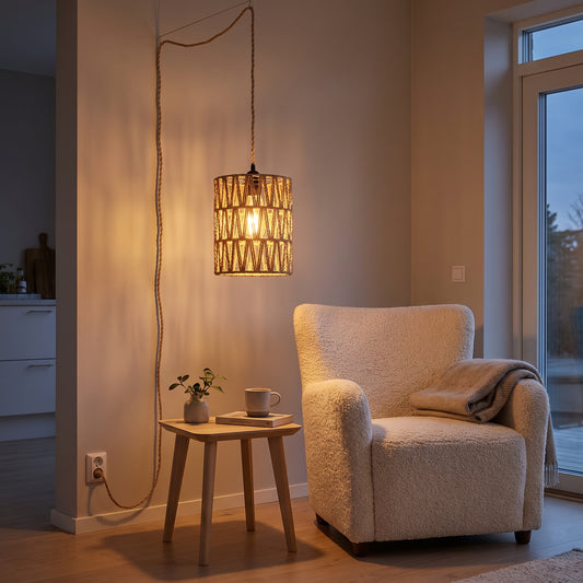 Plug-in pendant hanging above a reading corner with a boucle armchair