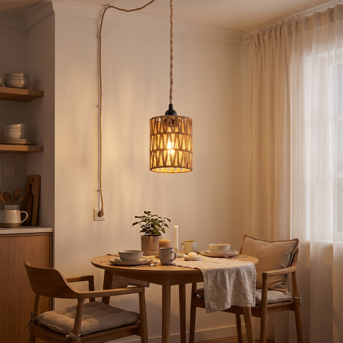 Rattan pendant glowing above a cozy dining nook in the evening