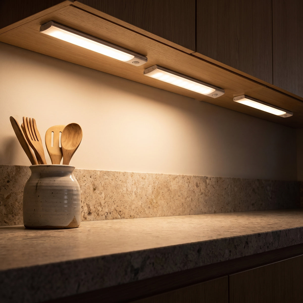 Warm band of light from the bar washing the countertop at night