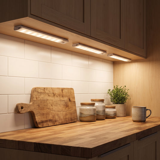 Three wireless under-cabinet light bars glowing warm in a modern kitchen