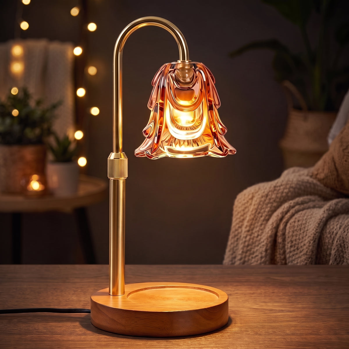 Fluted glass shade of the candle warmer glowing warm at night