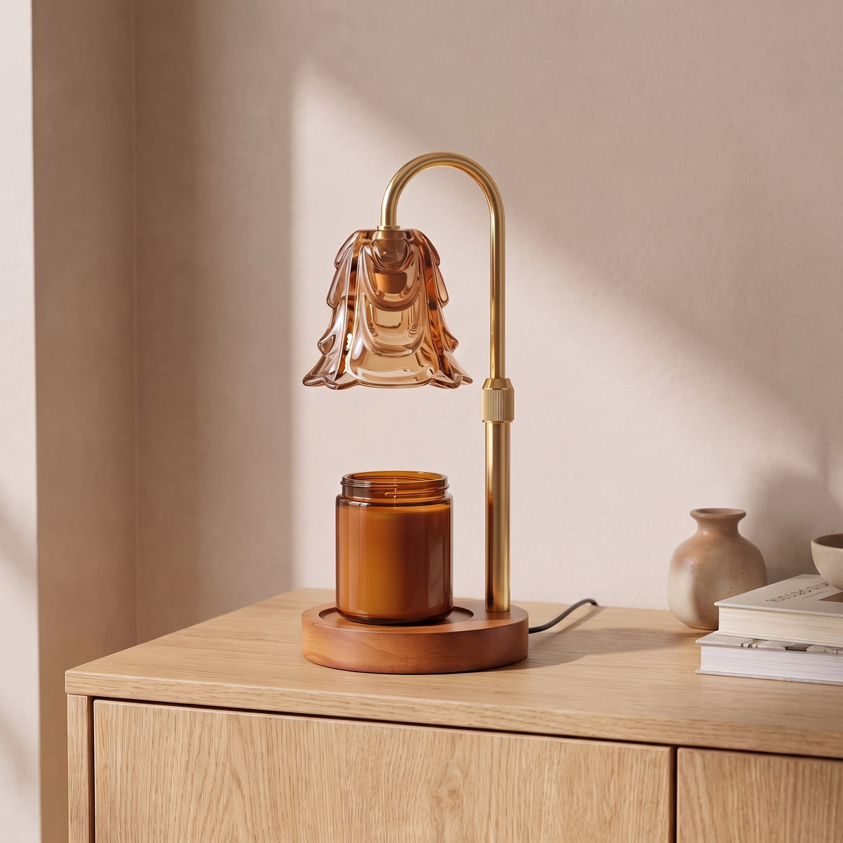 Candle warmer lamp with wooden base and fluted glass shade on an oak sideboard