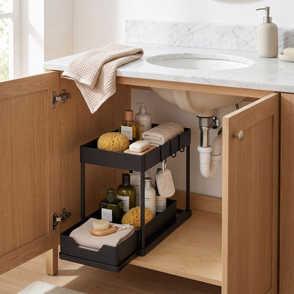 Bright bathroom with the organizer inside an open vanity cabinet