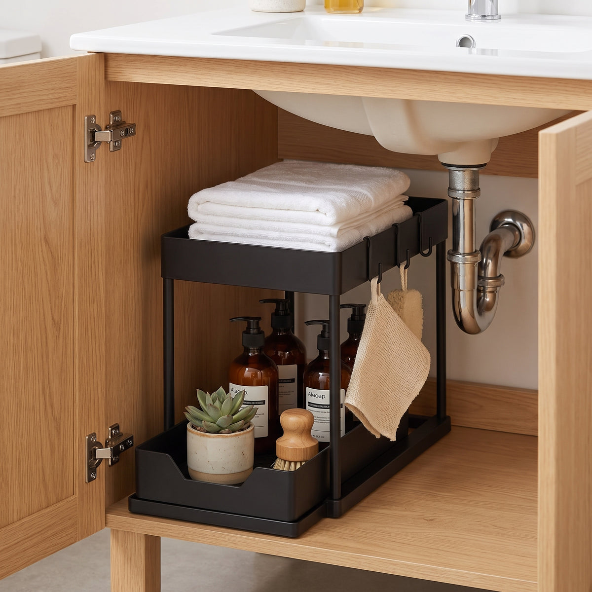 Under-sink organizer neatly filled inside a bathroom vanity cabinet