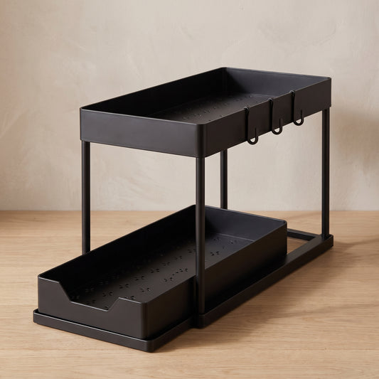 Black two-tier under-sink organizer with sliding basket
