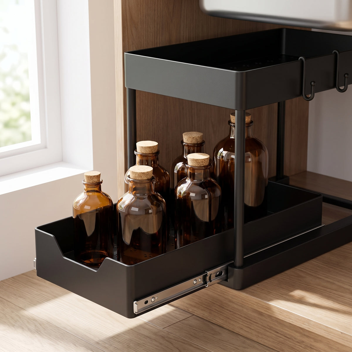Sliding basket of the under-sink organizer half extended with bottles