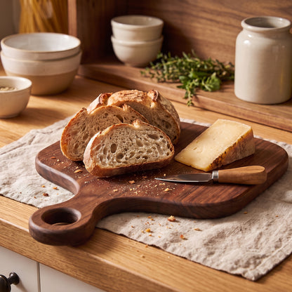 Acacia board in use with fresh bread on the counter