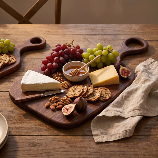 Acacia serving board in a quiet kitchen scene