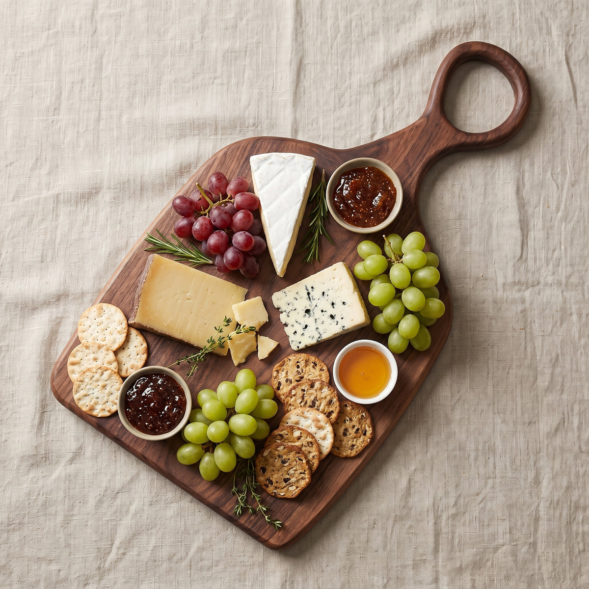 Flat-lay charcuterie spread on the acacia serving board