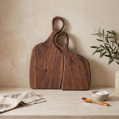 Acacia wood serving board — close view of grain and carved handle