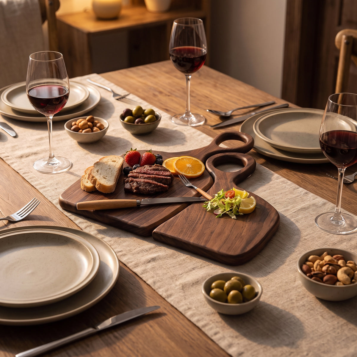 Dining table set with the acacia serving board