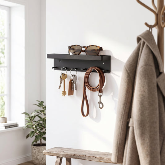 Entryway organizer holding keys and a bag by the door
