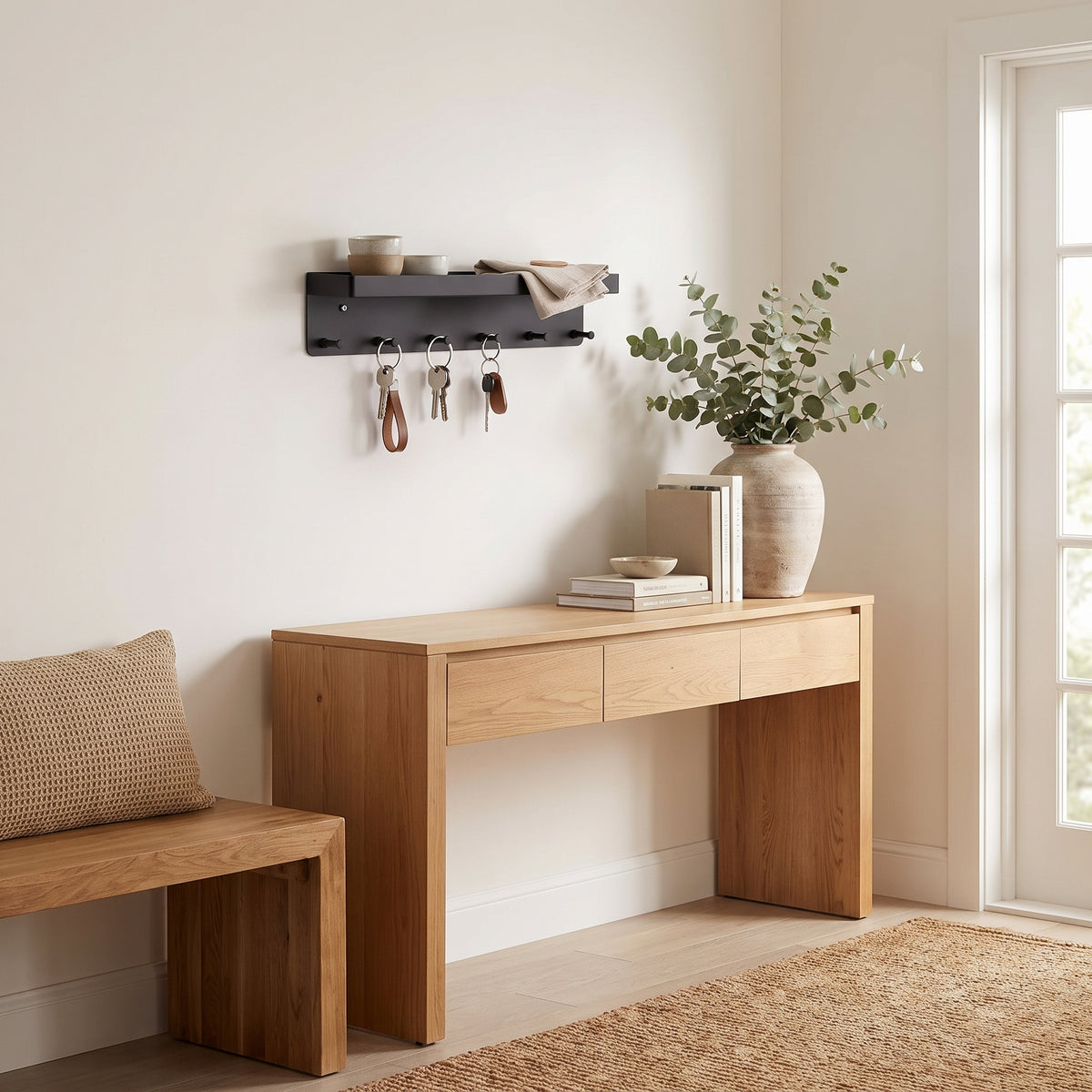 Hallway scene with the wall organizer holding daily essentials