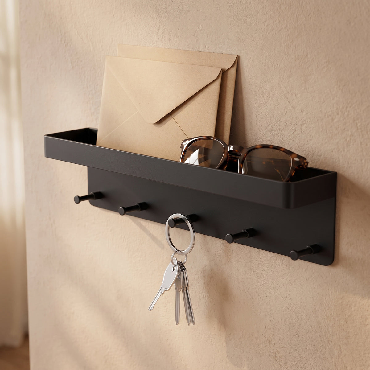Top tray of the entryway organizer holding daily items