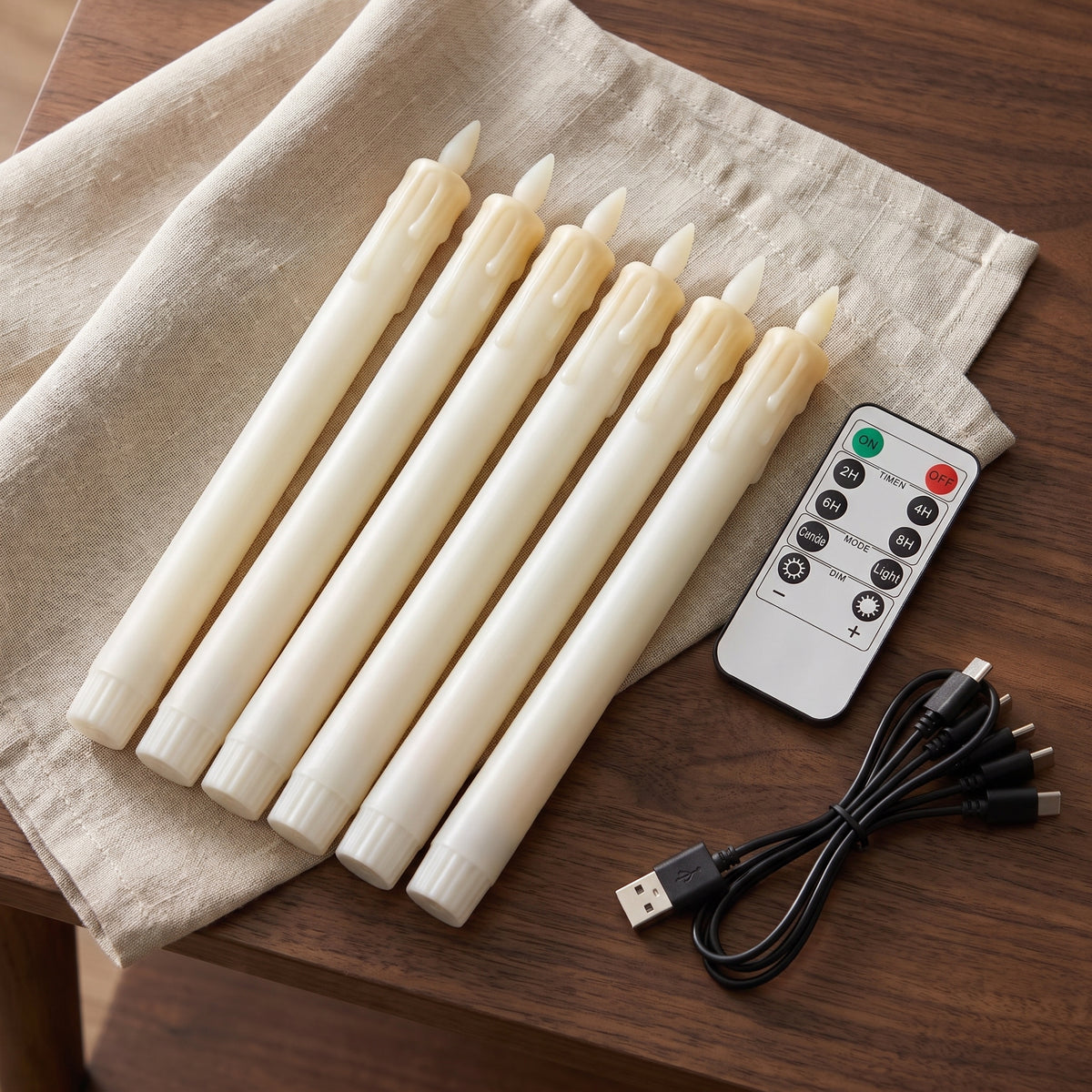 What is in the box: six taper candles, remote control and a 1-to-6 USB-C charging cable